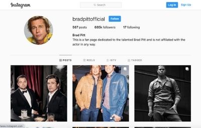 A screenshot of Brad Pitts Instagram profile.