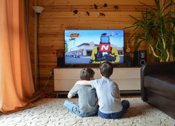 Two young brothers watching TV.